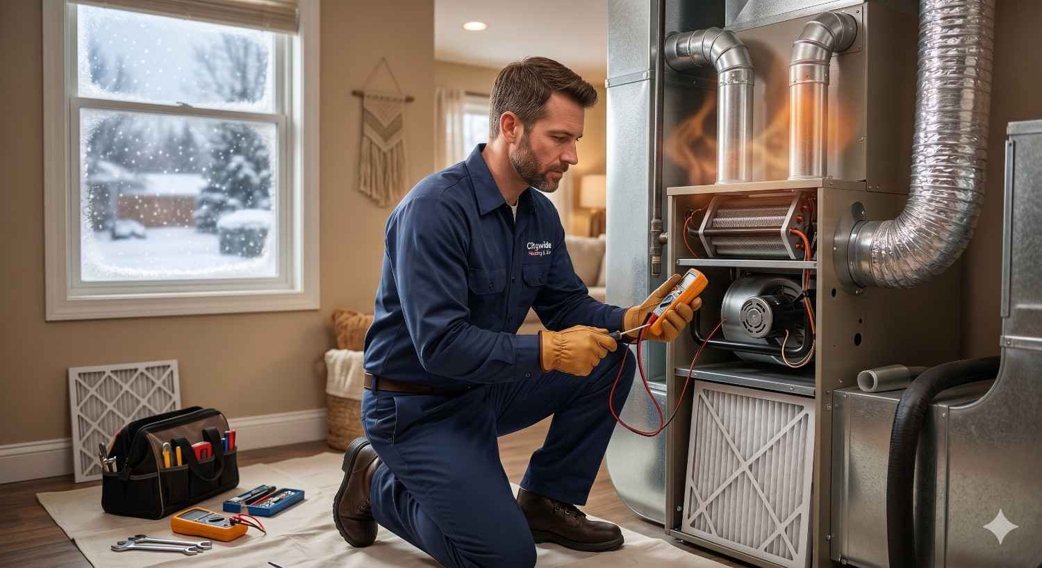 HVAC technician performing heating maintenance on a residential furnace, checking electrical components with a multimeter while snow falls outside the window