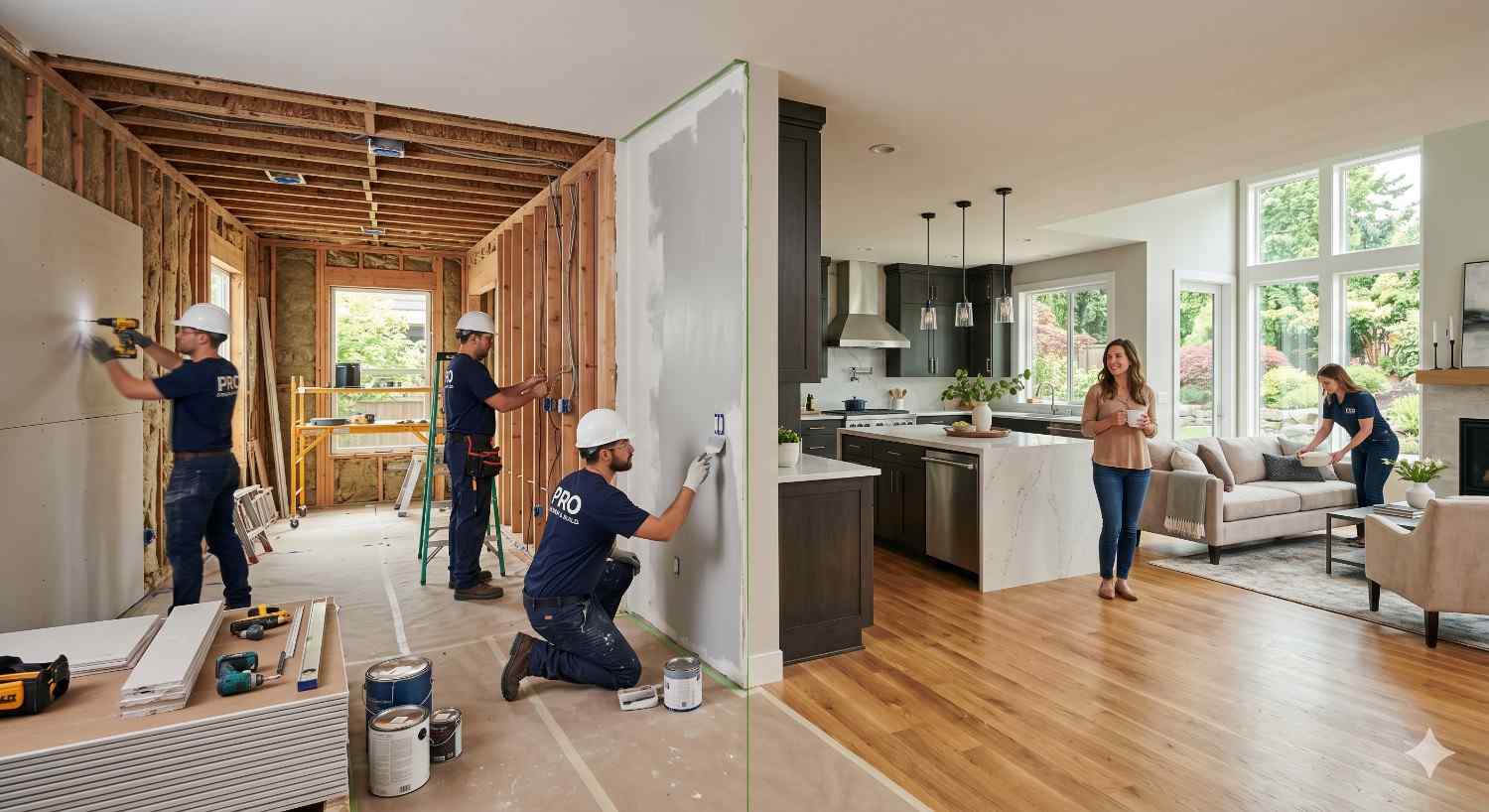 Before and after view of whole home remodeling with workers building interior walls on one side and a polished open-plan kitchen and dining area on the other