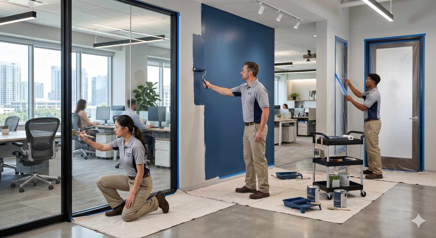 Professional team performing commercial painting in modern office, one worker rolling blue paint on wall while others tape edges and prep glass and doors for clean finish