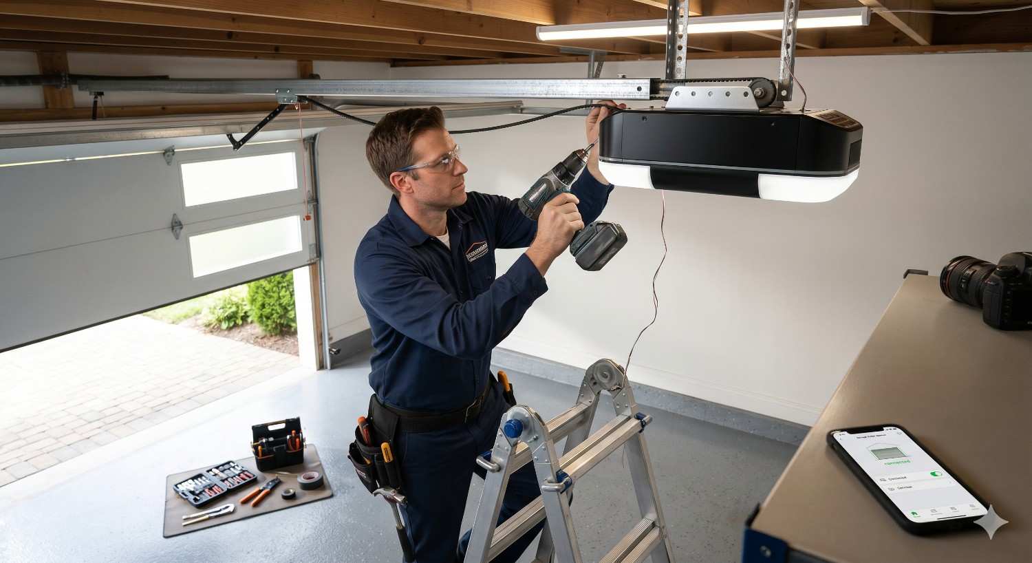 Technician installing a garage door opener using a drill while standing on a ladder in a clean residential garage with tools nearby