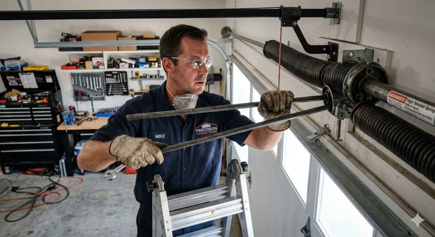 Technician performing garage door spring replacement using winding bars on a torsion system in a residential garage while wearing safety gear