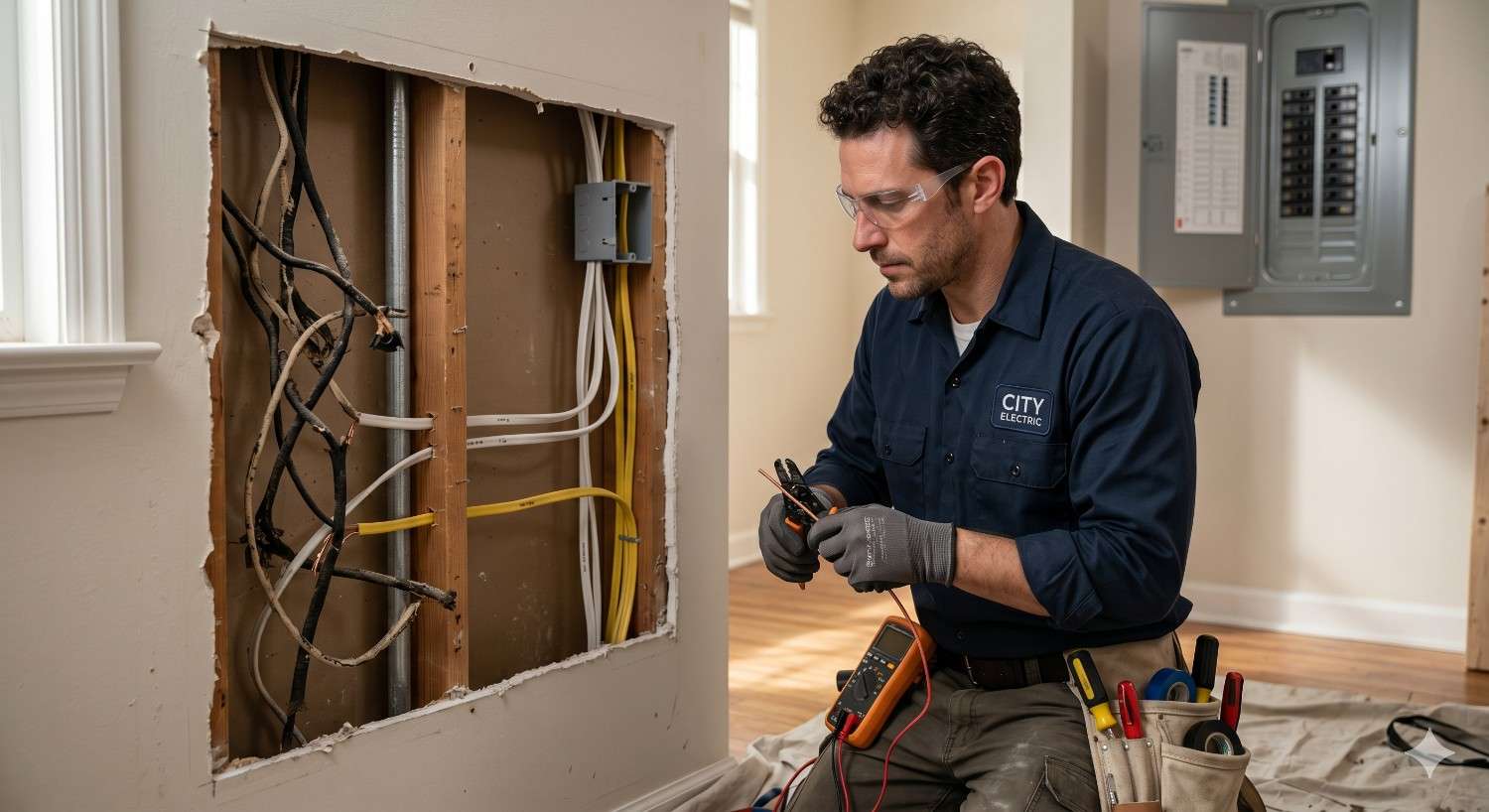 Electrician testing wiring inside an open wall panel while using a multimeter in a residential home Professional electrician inspecting and repairing wiring connections within a wall cavity during home electrical service