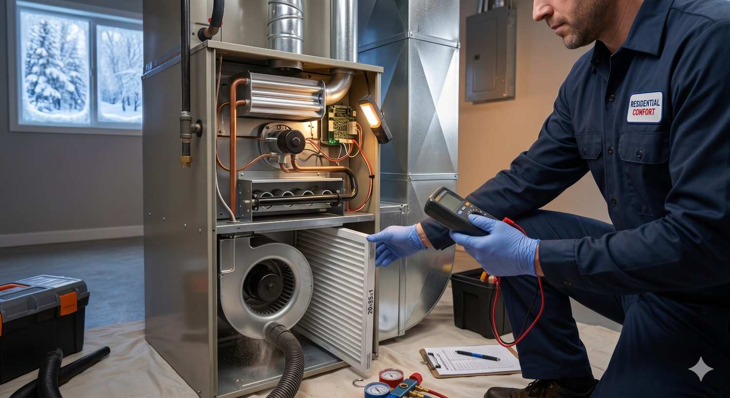 HVAC technician performing furnace maintenance, inspecting residential heating system with multimeter and replacing air filter during winter service visit