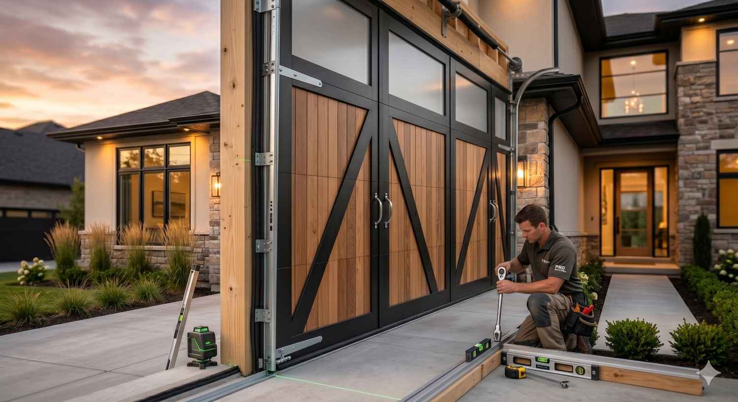 Technician performing garage door installation on a modern wooden carriage-style door, carefully leveling track hardware in a residential driveway at sunset