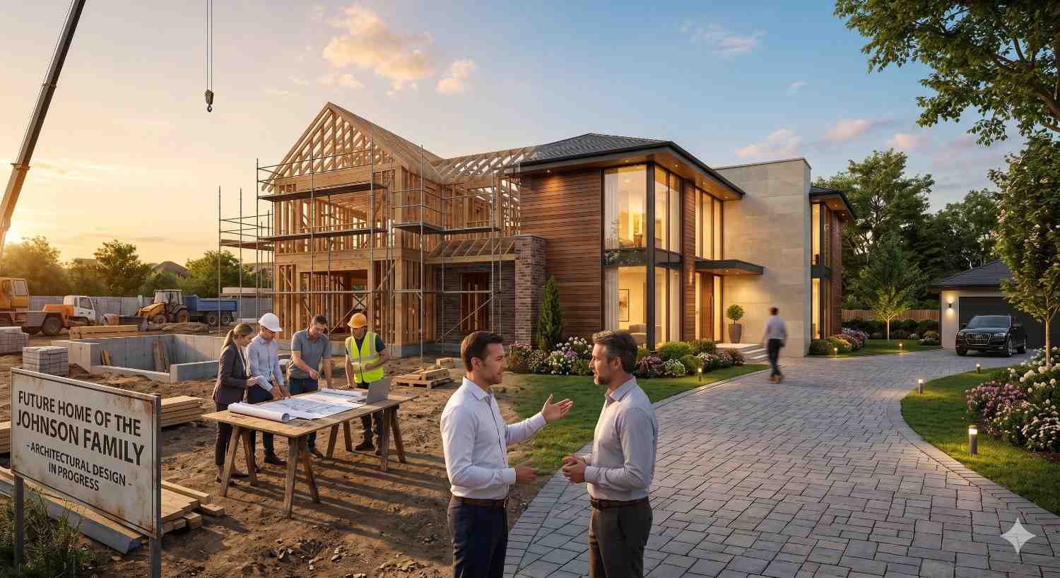 Modern custom home under construction with wooden framing, architects reviewing blueprints on site, and finished luxury house beside it, showcasing residential building process