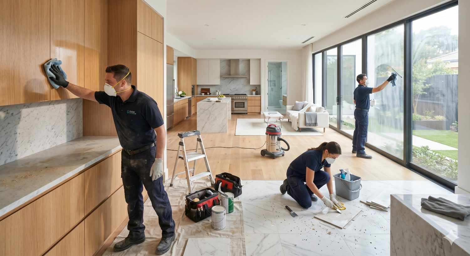 Professional cleaners performing post-construction cleaning in a modern kitchen, wiping cabinets, scrubbing floors, and cleaning large windows in a bright newly renovated home