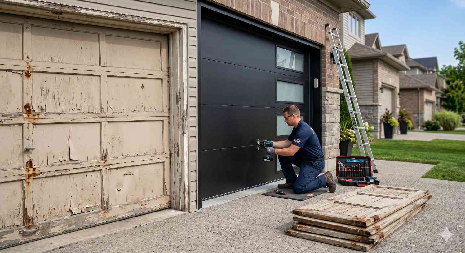 Technician performing garage door replacement, installing a modern black door beside an old damaged wooden garage door in a suburban home driveway