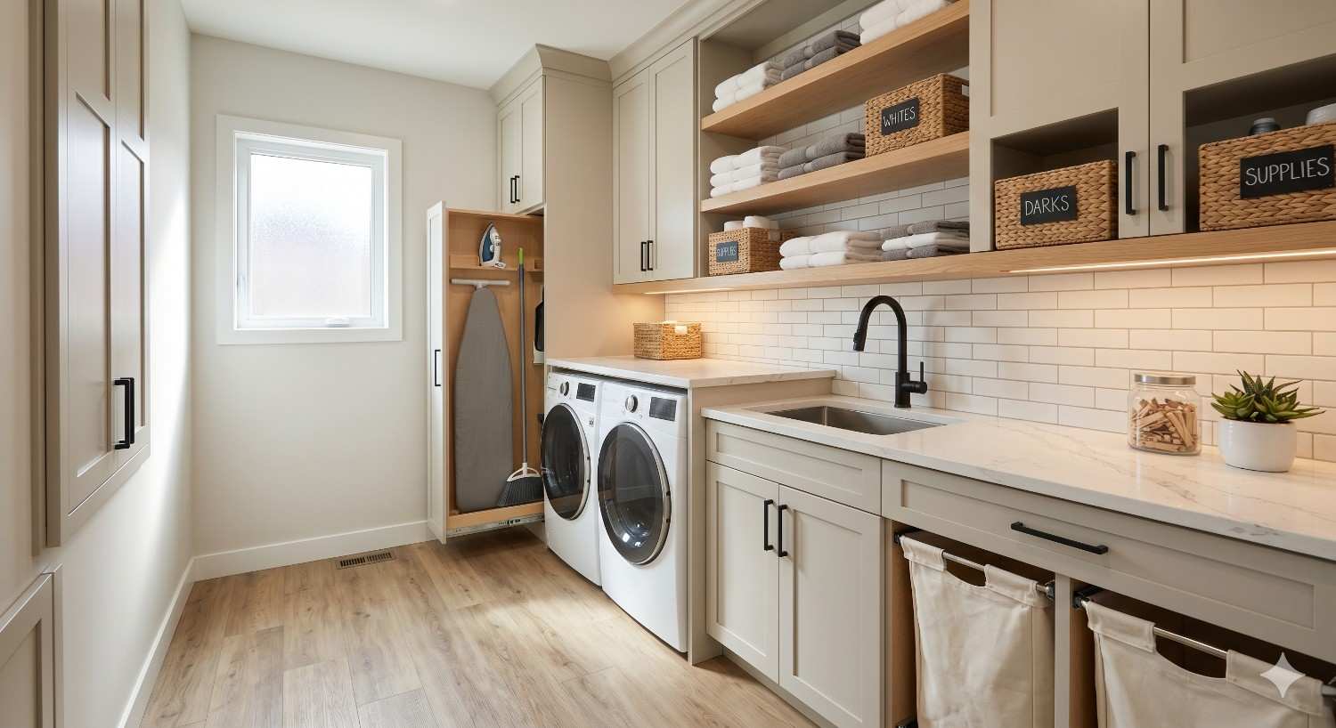 Bright, modern laundry room remodeling with built-in cabinets, open shelving, farmhouse sink, and front-load washer and dryer in a clean, organized layout