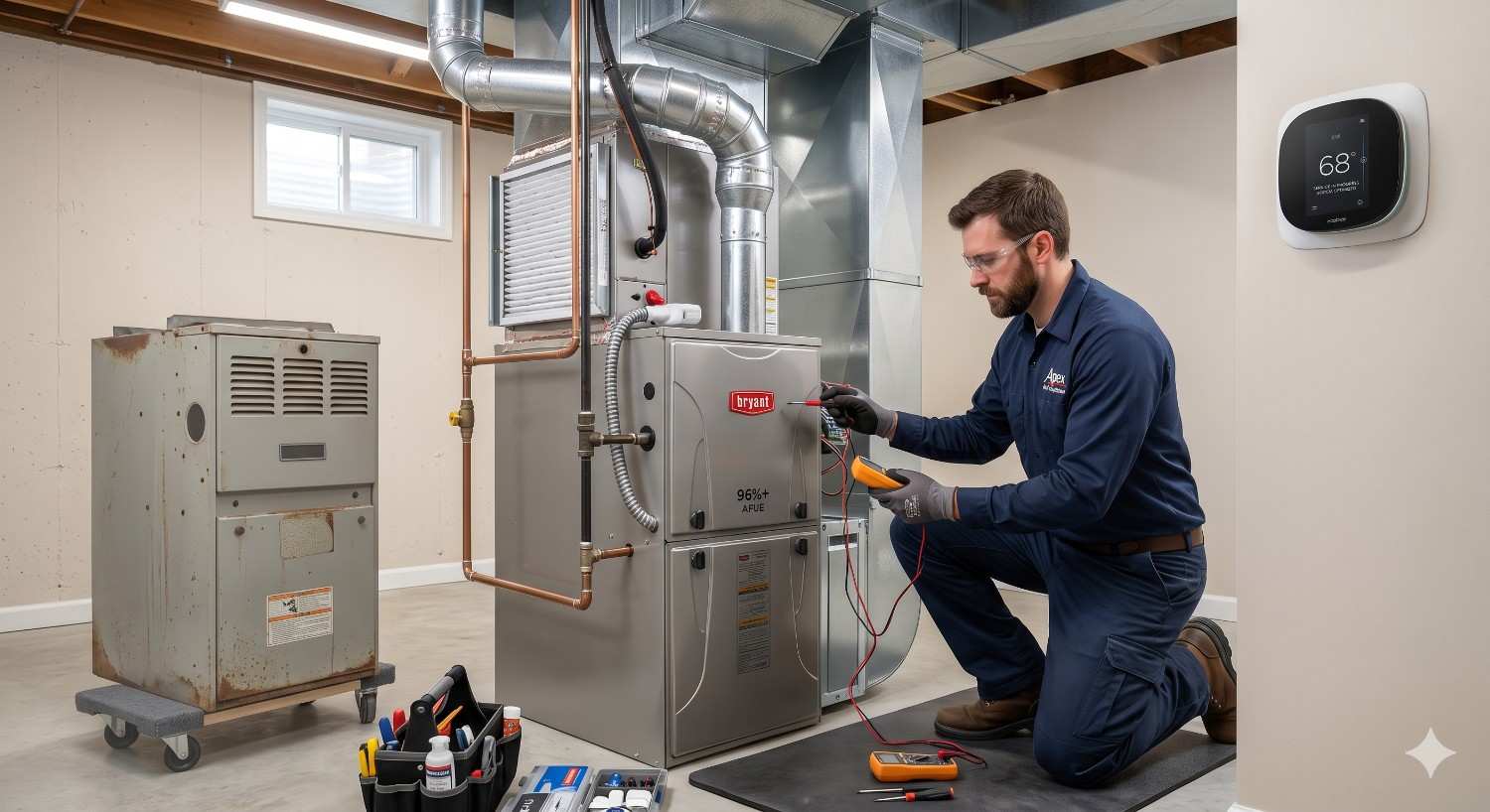 Technician testing a new high-efficiency furnace with multimeter during Furnace Installation and Replacement service in a clean basement setting
