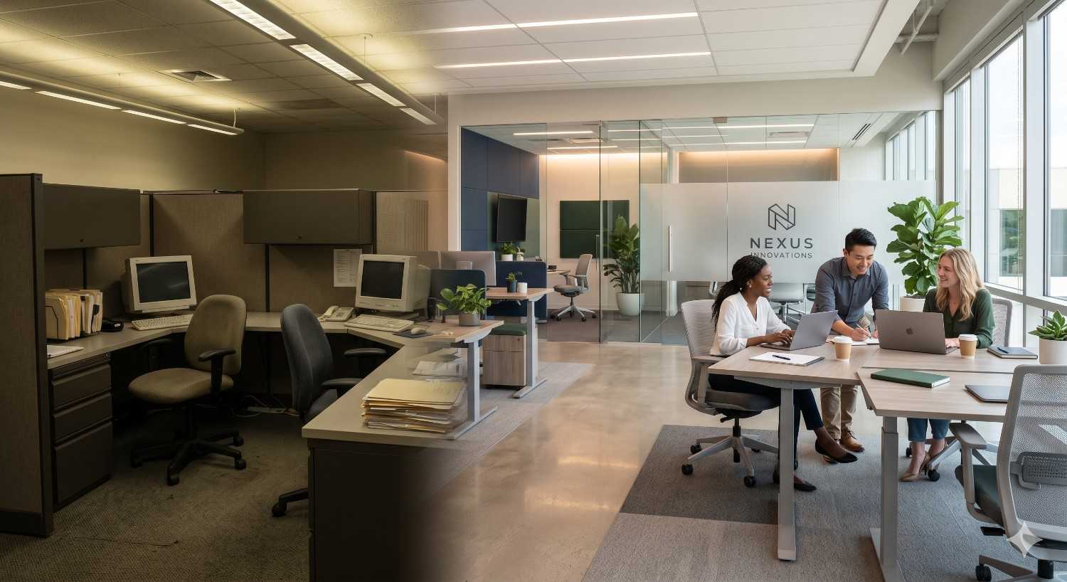 Modern office remodeling in progress with workers installing glass partitions, updated lighting, and sleek workstations, creating a bright, functional workspace designed for productivity and contemporary business needs