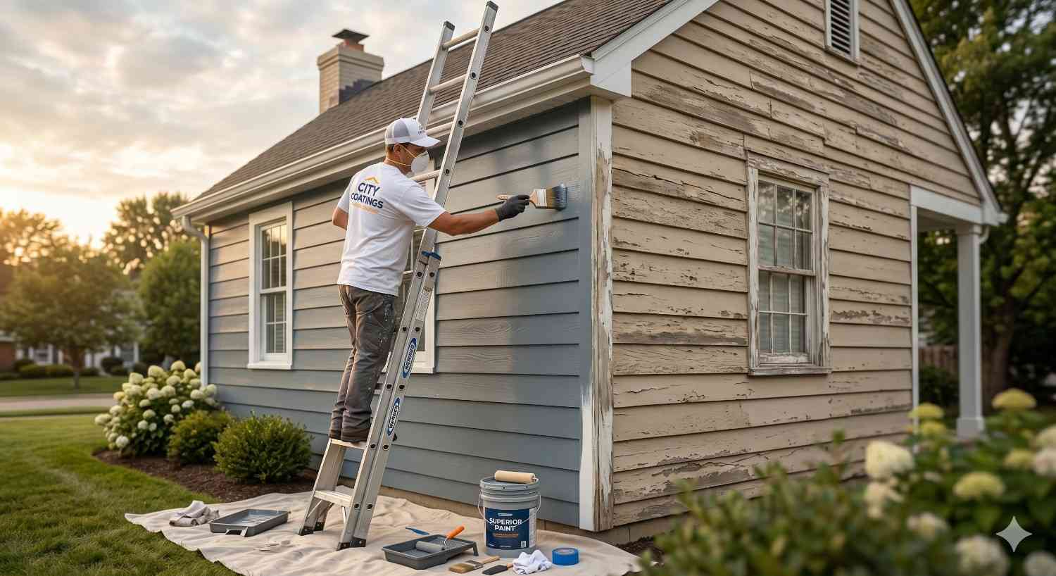 Contractor on ladder applying fresh coat during Exterior Painting of house siding, transforming worn exterior into clean modern finish in residential neighborhood
