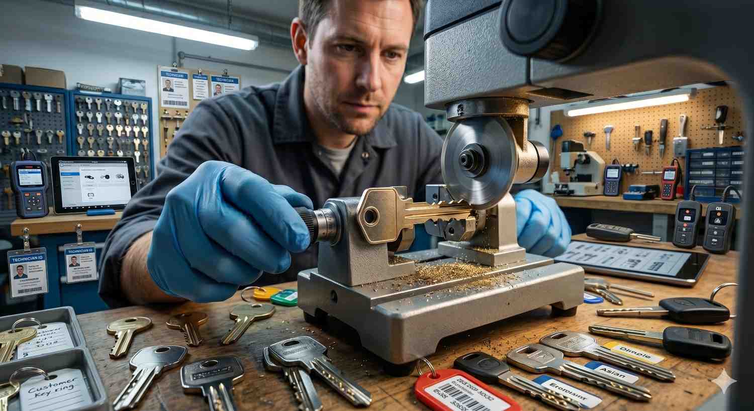 Locksmith using precision machine for key cutting and duplication in workshop, shaping a metal key while tools and blanks are neatly arranged on the bench