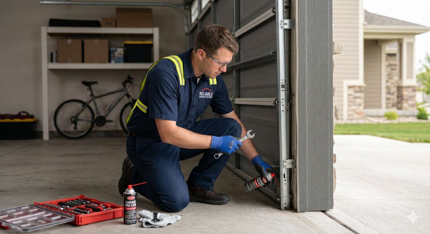 Technician performing garage door maintenance by lubricating hinges and tracks inside a residential garage, using tools and protective gear for smooth and quiet door operation