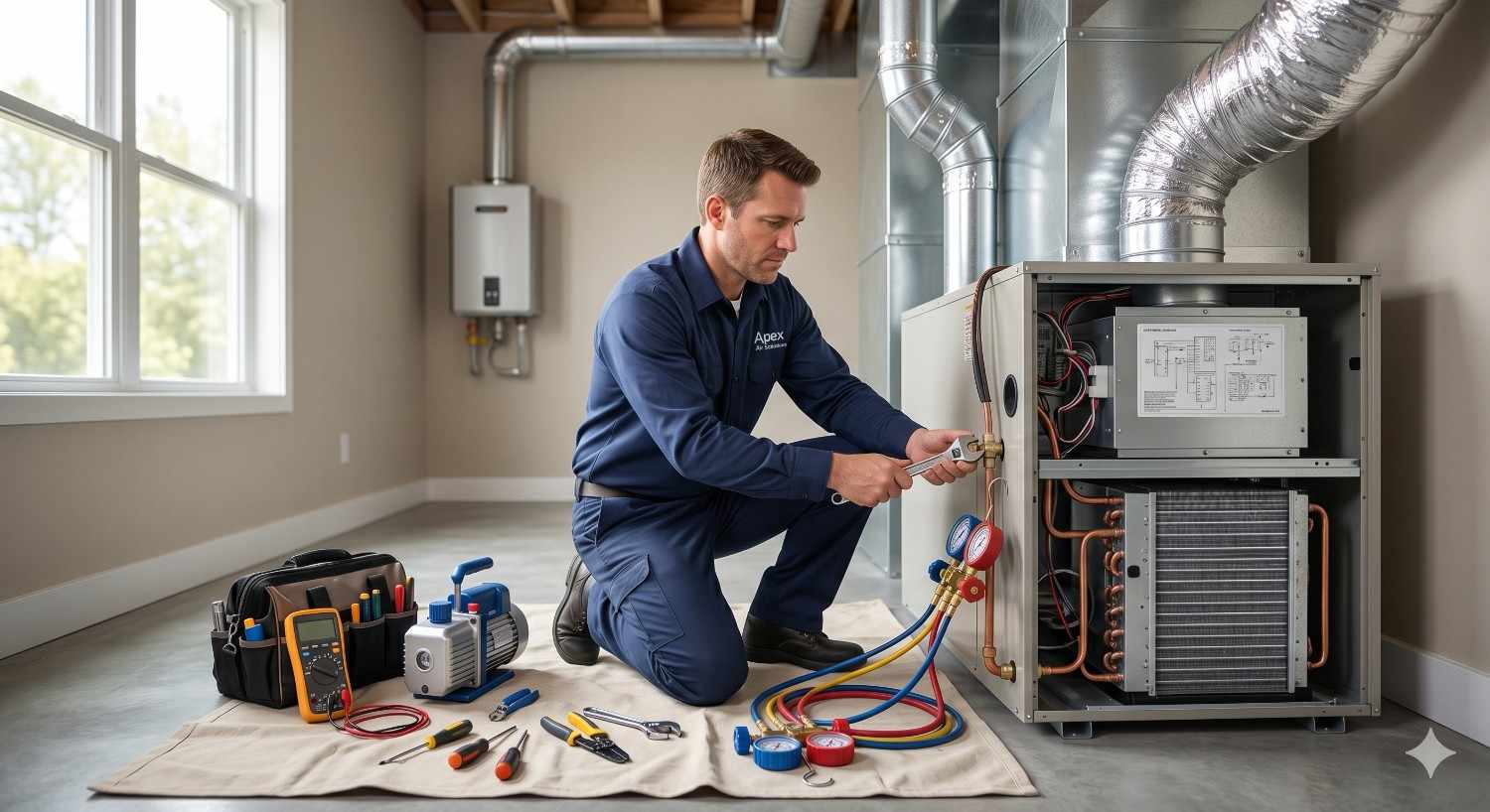 Technician performing HVAC Installation and maintenance on a residential furnace system, using tools and gauges to inspect components and ensure efficient home heating performance.