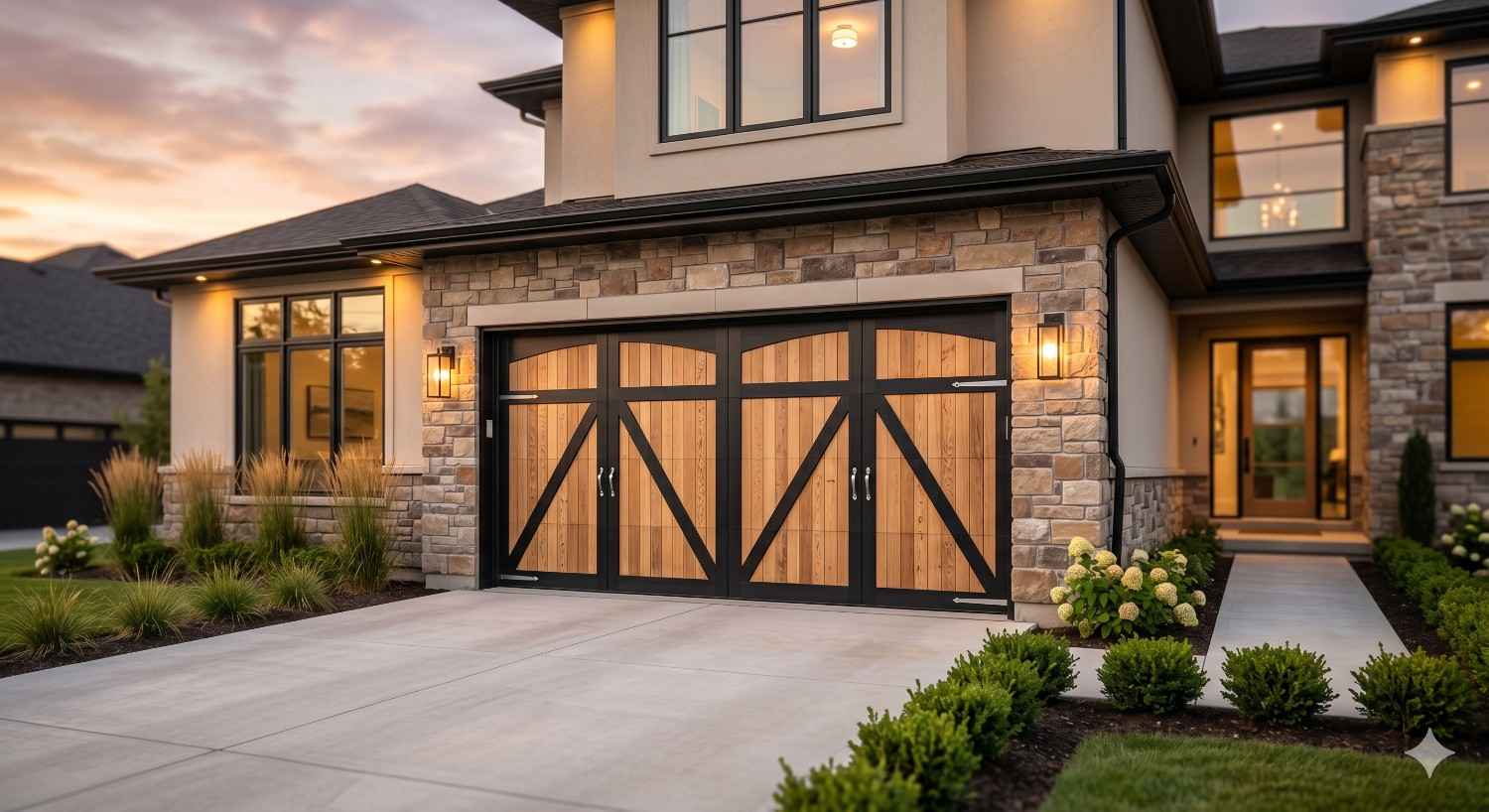 Modern home exterior with custom garage doors featuring wood panels and black hardware, illuminated entryway and landscaped driveway at dusk