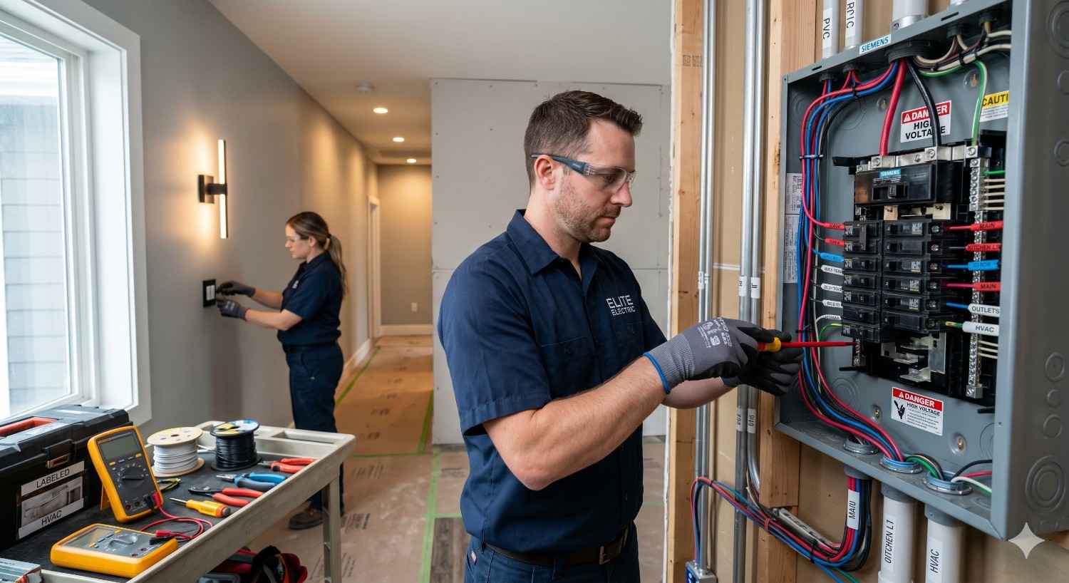 Electricians installing and wiring a residential electrical panel while another technician works on a wall outlet in a modern home under construction