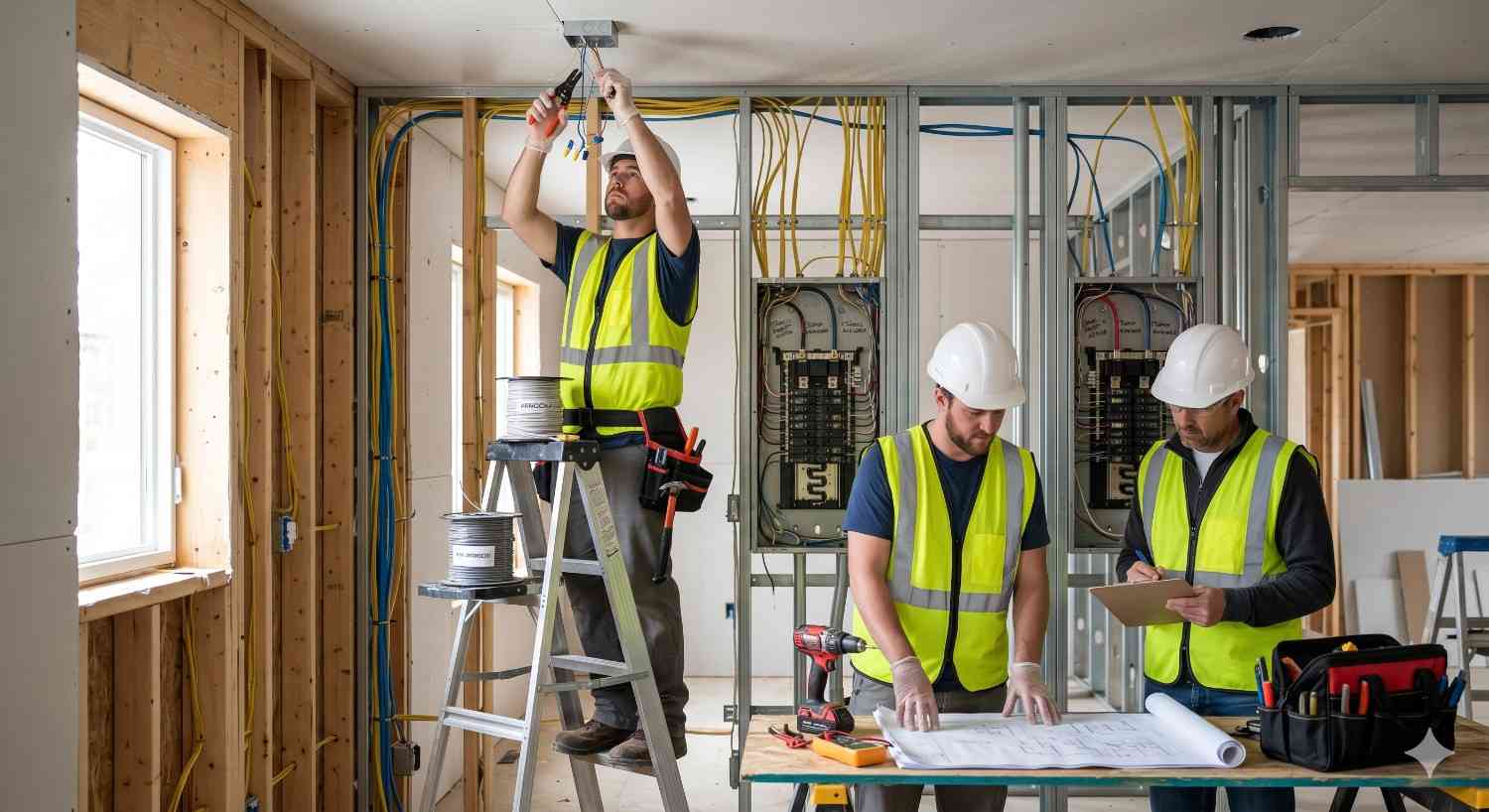 Electricians working on new construction electrical wiring, installing cables and inspecting panels inside a framed building with tools and plans on a workbench