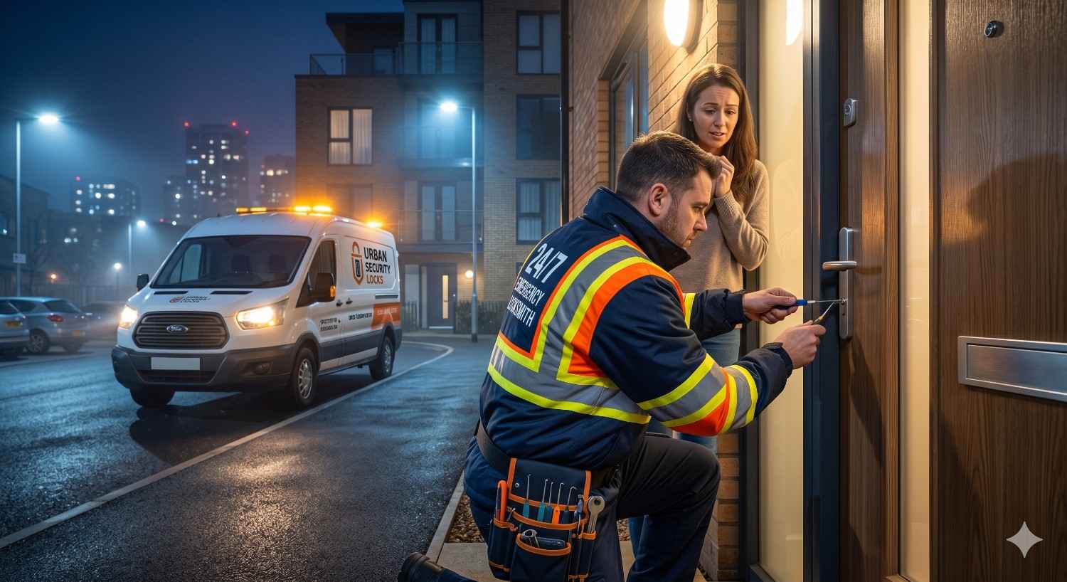 Emergency locksmith unlocking residential front door at night while worried homeowner waits outside, service van parked nearby with flashing lights
