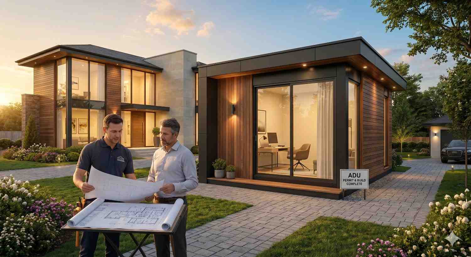 Contractor and homeowner reviewing blueprints beside modern ADU unit in landscaped backyard, showcasing accessory dwelling unit design and construction planning