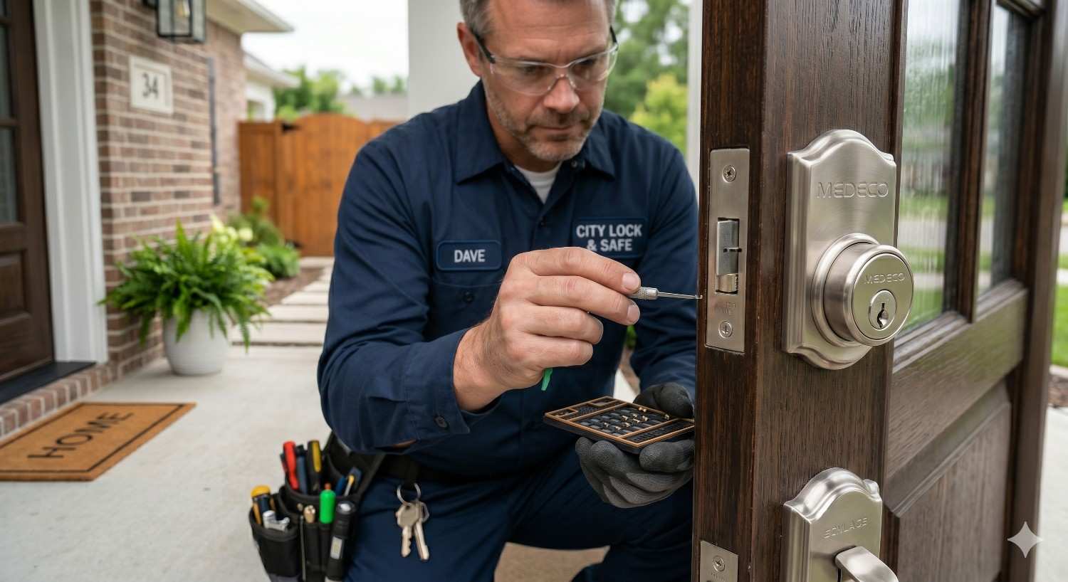 Residential locksmith technician repairing a front door lock using precision tools while kneeling at a home entrance, showcasing professional home security service