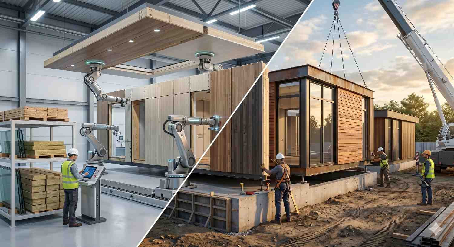 Robotic assembly of prefab homes in factory alongside on-site installation with crane placing modular house on foundation