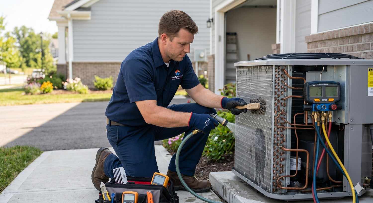 Technician performing air conditioning maintenance, cleaning outdoor AC condenser coils with water hose and brush outside residential home