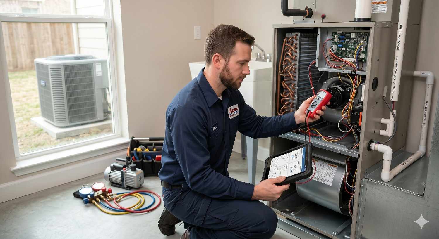 HVAC technician inspecting and repairing a residential furnace with diagnostic tools, checking wiring and components inside a home heating system