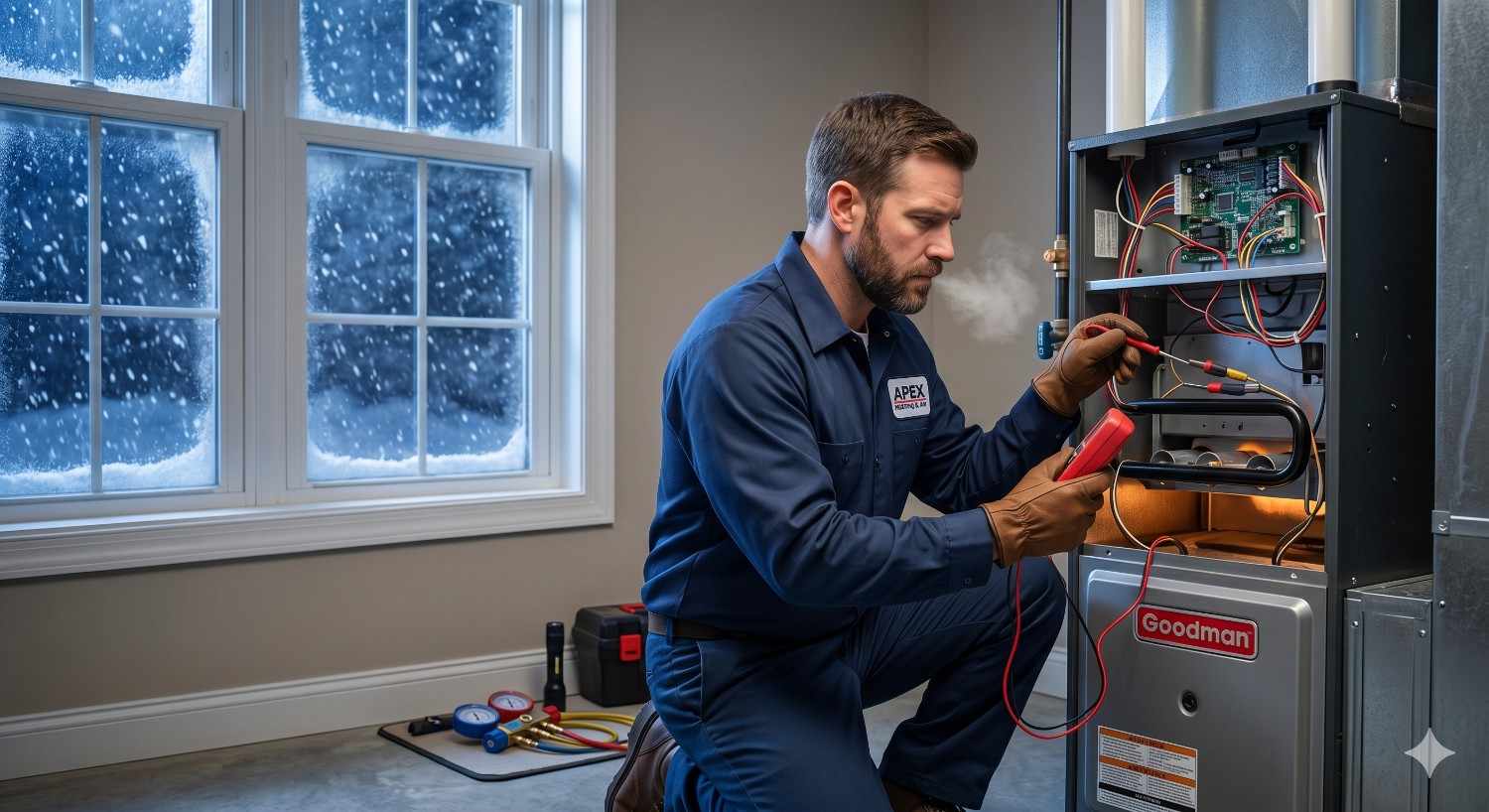 HVAC technician performing heating repair on a furnace system inside a home during winter, using tools to test wiring while snow falls outside the window