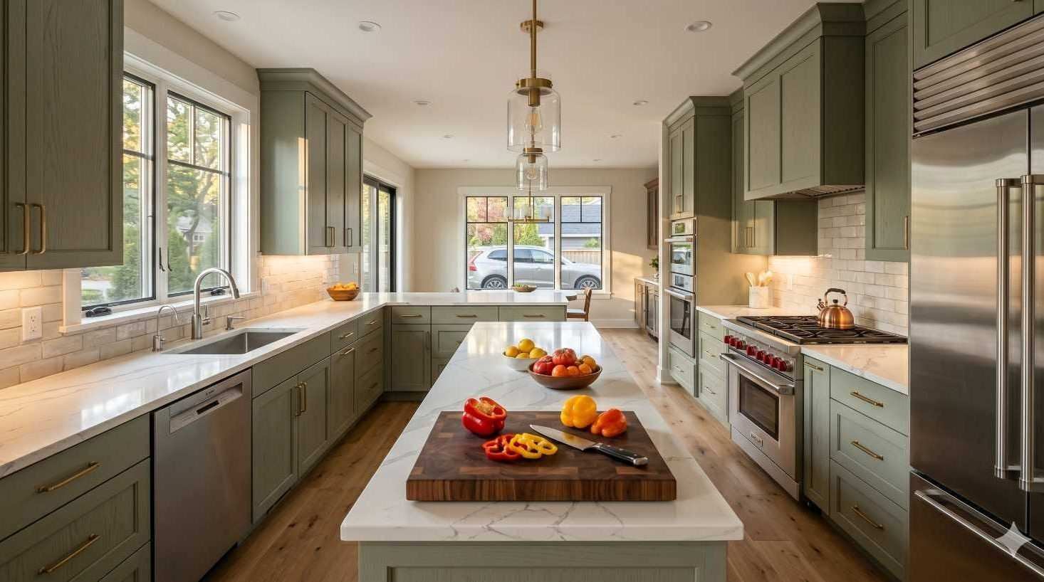 Modern kitchen remodeling design with green cabinets, marble island, pendant lighting, and fresh vegetables being prepared on a wooden cutting board in a bright, spacious home kitchen