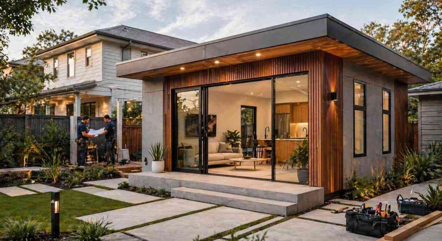 Modern backyard granny flat construction with wood cladding and large glass doors, as contractors review building plans beside tools in a landscaped suburban yard.