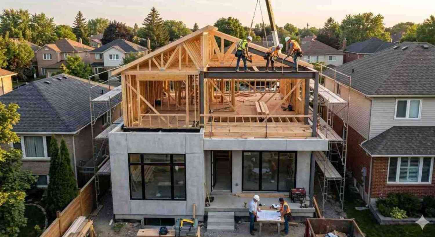 Construction crew installing roof trusses on a modern home during a Second-Storey Additions project, with scaffolding and crane in a suburban neighborhood setting