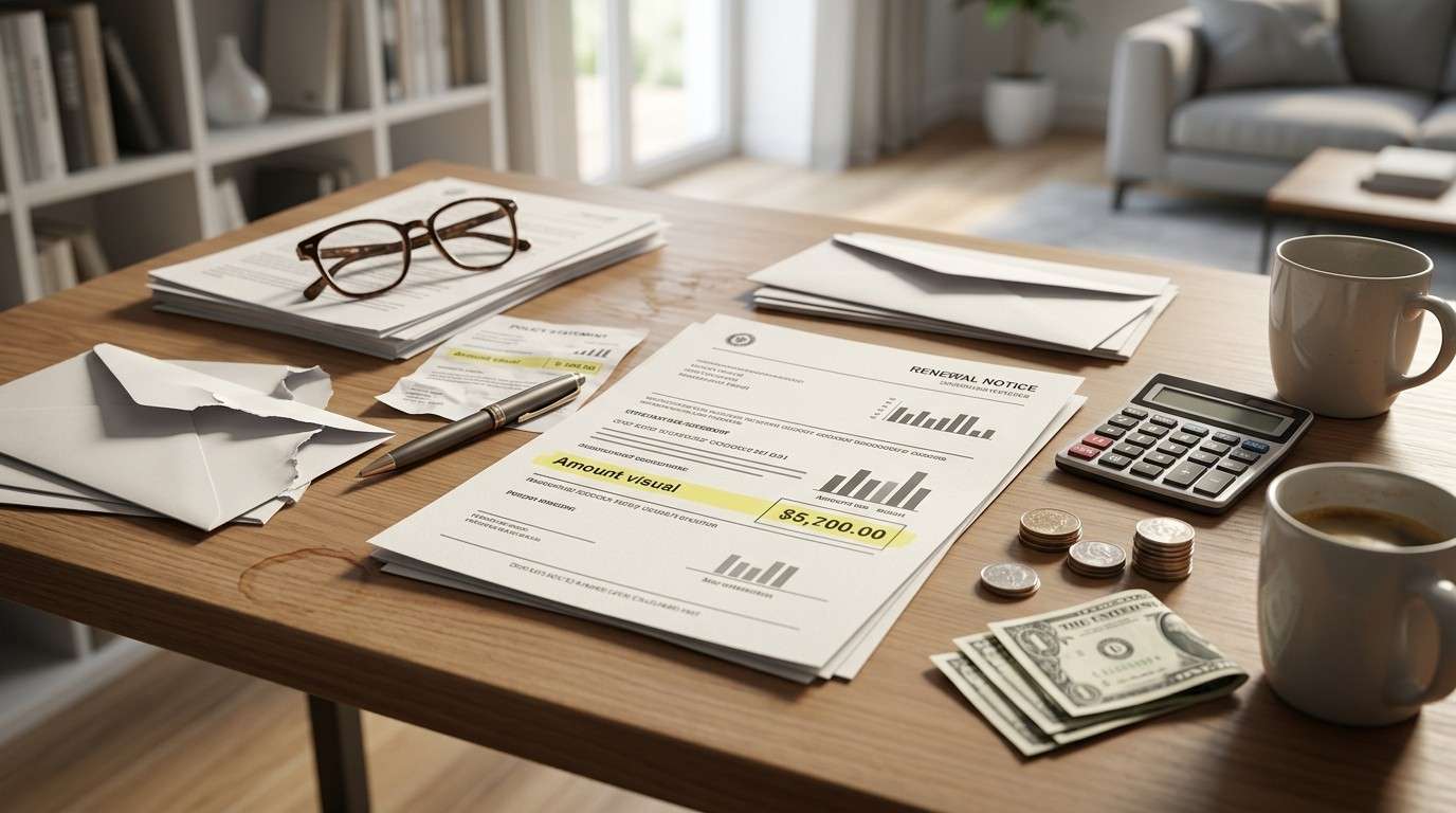 Homeowners insurance paperwork, bills, cash, and a calculator spread across a table for claim or expense review.