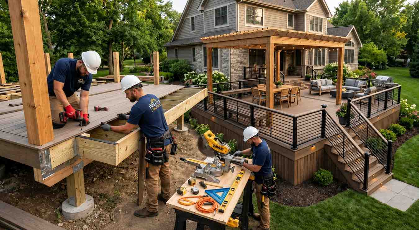 Professional contractors building a raised backyard deck with a pergola, railings, and outdoor living space at a residential home during construction.