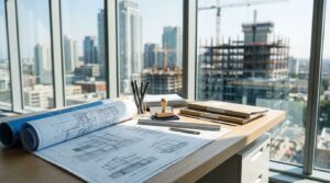 Architectural blueprints and permit documents on an office desk overlooking a city construction site.