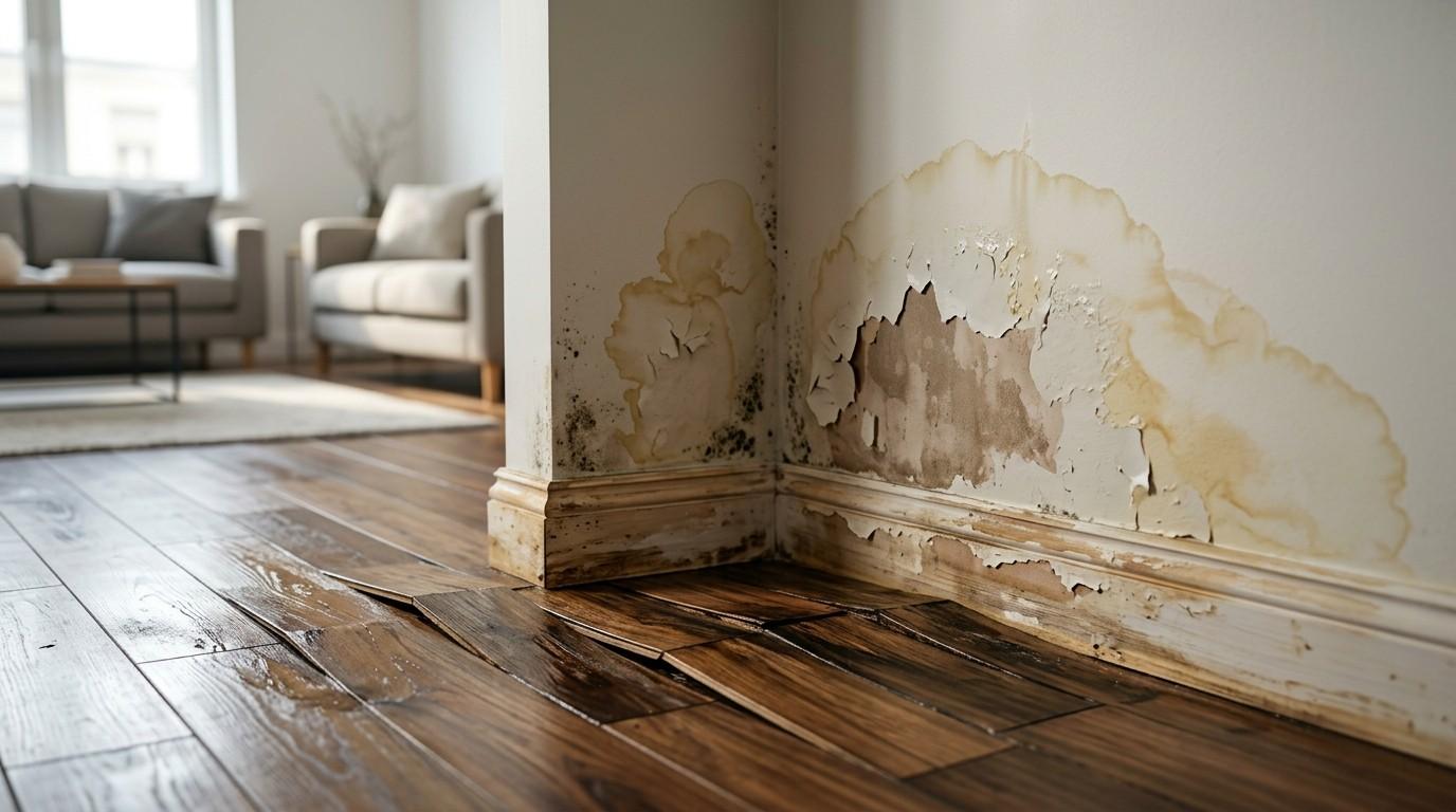 Water-damaged wall and warped hardwood flooring with peeling paint, staining, and mold growth near the baseboard.