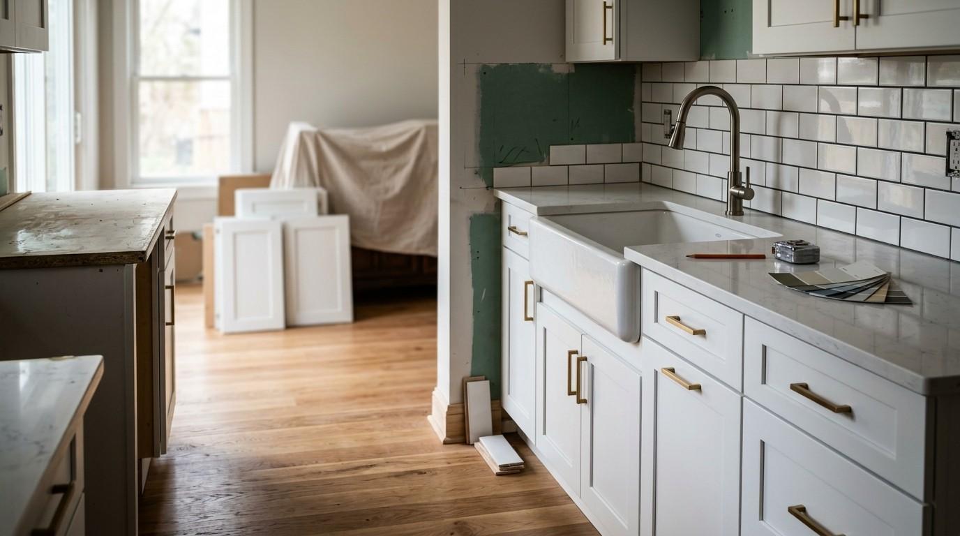 Partially remodeled kitchen with new white cabinets, farmhouse sink, subway tile backsplash, and renovation materials, showcasing an in-progress kitchen renovation.