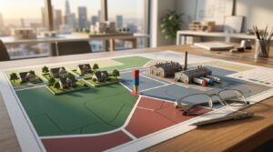 Zoning map with residential and industrial development models on a planning desk.