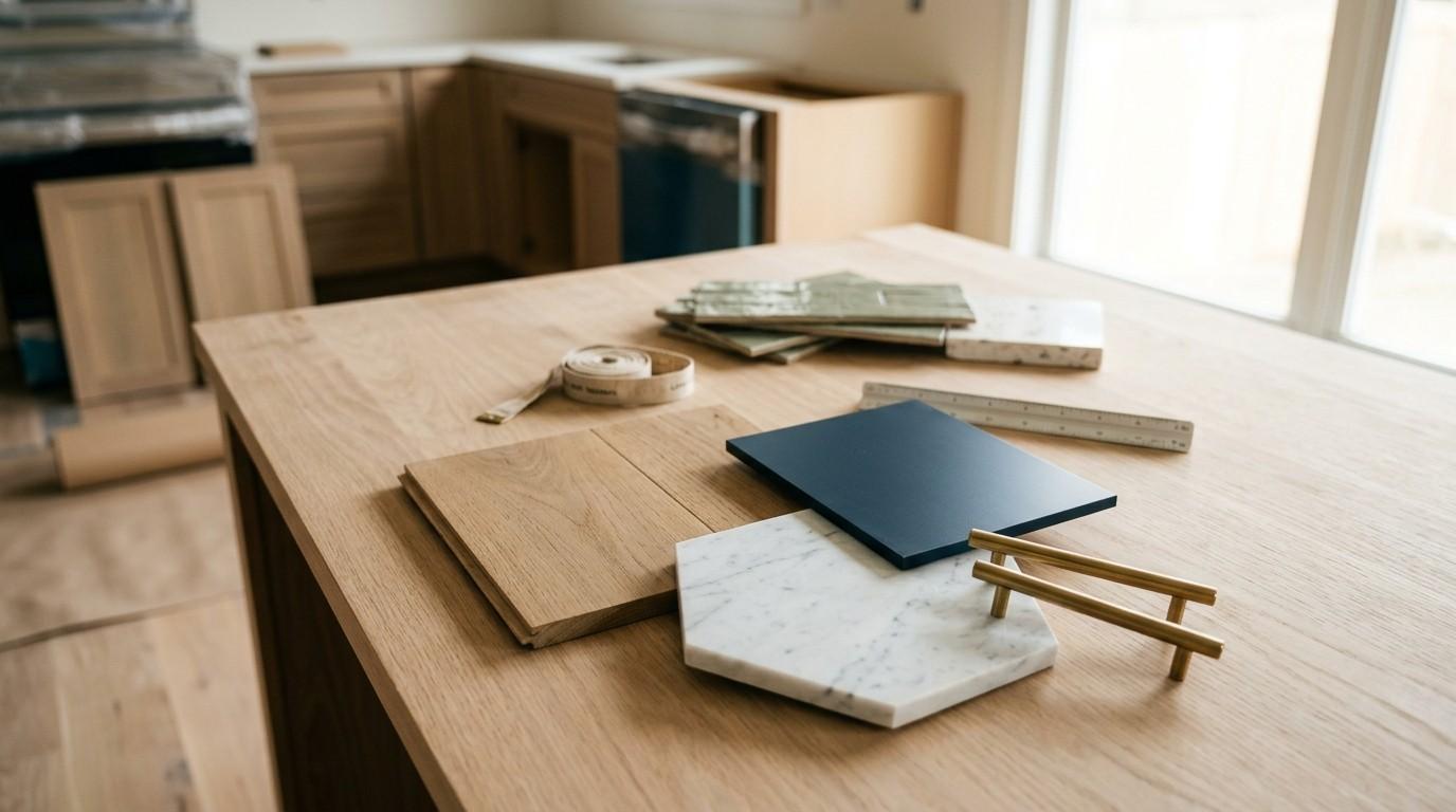 Kitchen renovation materials, including cabinet samples, countertop finishes, hardware, and measuring tools, displayed on a kitchen island for remodeling and design planning.