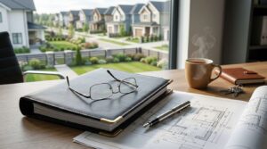 Home plans, notebook, glasses, and keys on a desk overlooking a suburban neighborhood.
