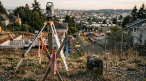 Surveying equipment on a tripod marks a residential construction site overlooking a cityscape.