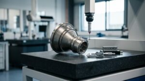 Precision measuring probe inspecting a machined metal component on a quality control workstation.