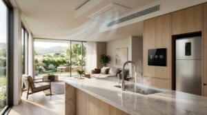 Smart home kitchen with HVAC airflow, sink steam, and climate control panel.