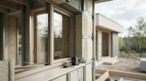 Close-up of energy-efficient window installation on a modern building under construction.