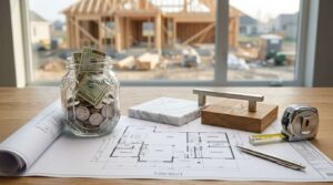 Savings jar, floor plans, and building materials on a table with a house under construction in the background.