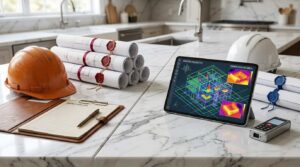 Construction plans, safety helmets, and a tablet displaying a building thermal analysis model on a kitchen countertop.
