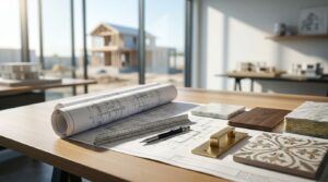 Home construction planning with blueprints, material samples, design selections, and a house under construction in the background.
