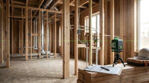 Pre-drywall home inspection with laser level and framing.