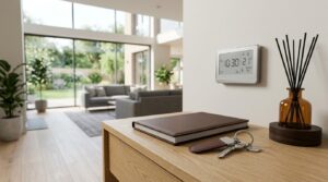 Homeowner’s manual and house keys on a console table beside a smart thermostat in a bright modern living room.