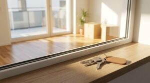 Set of house keys on a windowsill in a bright, empty apartment ready for move-in.