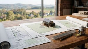 Site plans, a house model, and measuring tools on a desk, comparing urban and rural lot layouts.